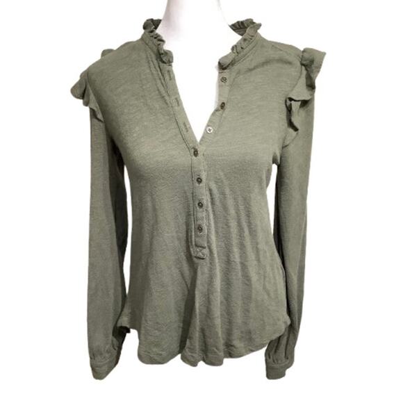 Pilcro Tops - Pilcro Army Green Ruffle Sleeve Button-Down, Size XS - Boho, Feminine, Casual